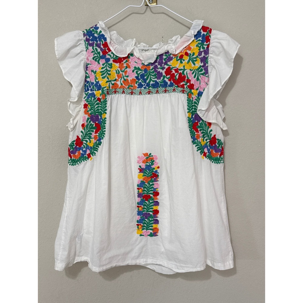 J. Marie Embroidered Blouse Womens Medium White Floral Ruffle Flutter Sleeve